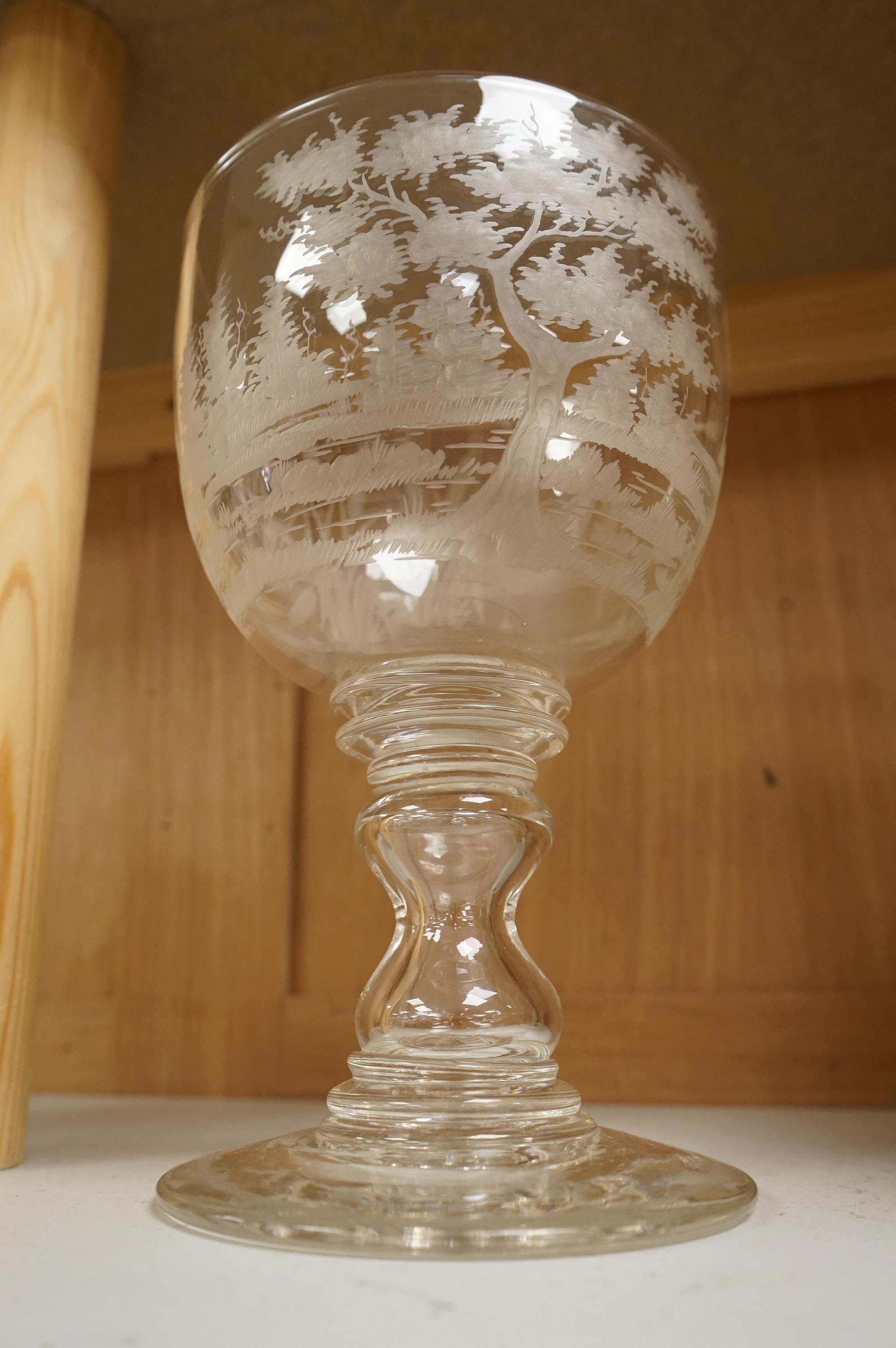Fishing interest, a large mid 19th century glass goblet, engraved with a fisherman, bull rushes and foliage, 23cm high